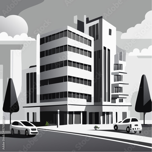 render of an real estate architectural model in clean geometry in black and white