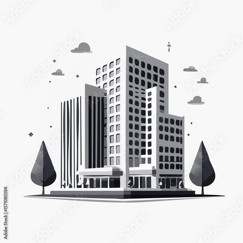 render of an real estate architectural model in clean geometry in black and white
