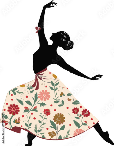 Elegant silhouette of a dancer in a floral skirt performing a graceful ballet move