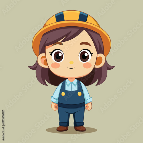 Adorable Cartoon Girl Engineer in Hard Hat and Overalls
