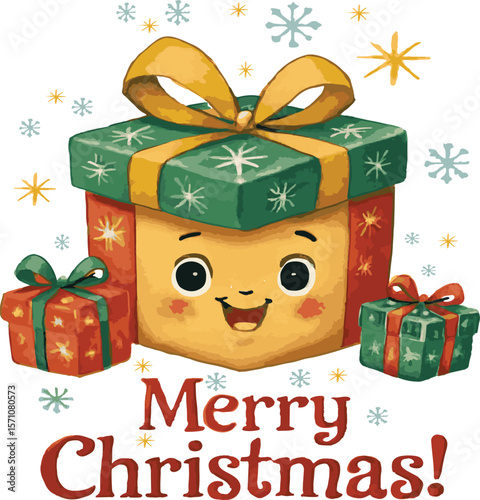 Festive christmas presents illustration with smiling face and holiday greeting decorations