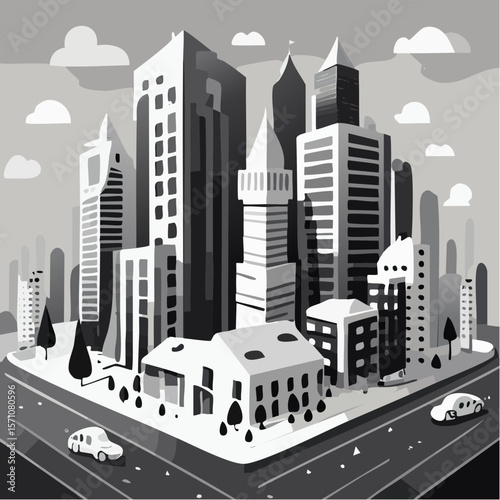 render of an real estate architectural model in clean geometry in black and white