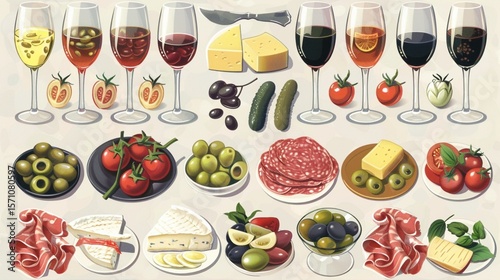 Italian antipasti wine snacks set. Cheese variety, Mediterranean olives, pickles, Prosciutto di Parma, tomatoes, artichokes and wine in glasses