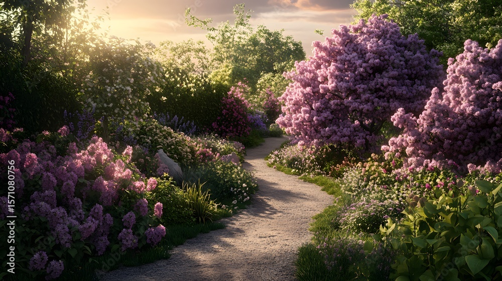 Obraz premium A sunlit garden path lined with flowering shrubs.