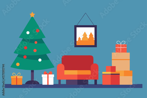 Scandinavian Style Living Room With Christmas Tree