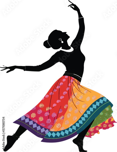 Graceful silhouette of a female dancer in a flowing colorful skirt expressing movement