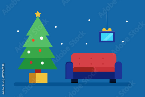 Flat Design Of Cozy Christmas Living Room With Sofa