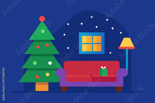Flat Design Of Cozy Christmas Living Room With Sofa