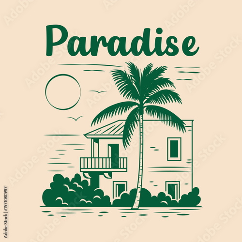 Hand Drawn Vector Retro Tropical Logo on Beige Background. Summer Vacation Art with Palm Tree, House, Sun and Birds.  Vector Flat Design Print for 
T-shirts, Social Media, Posters and Packages. 