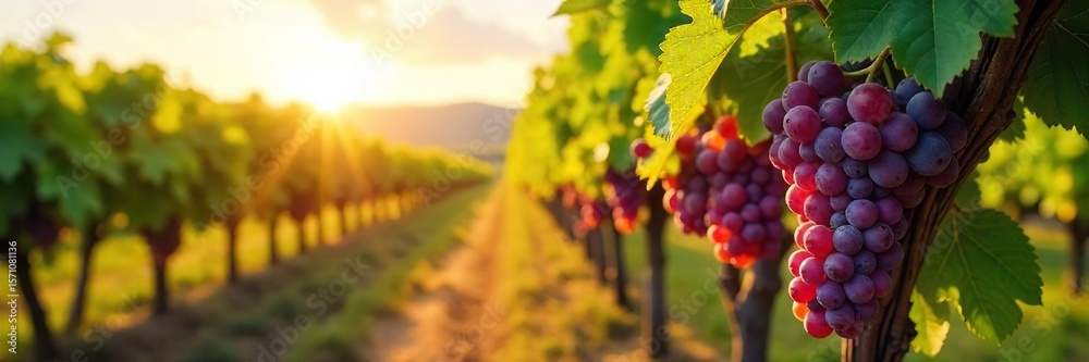 Naklejka premium Sun-Drenched Ripe Grapes Hanging Heavy on the Vine, Ready for Harvest at a Picturesque Winery. Lush Green Foliage Promises a Bountiful Yield for Wine Production.