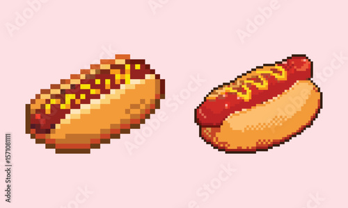 pixel art, hot dog, icon, fast food, food, 8-bit, retro, illustration, set, sausage, mustard, bun, video game, asset, sprite, junk food, snack, meal, frankfurter, wiener, American food, menu, restaura