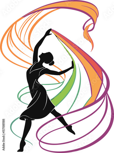 Elegant silhouette of a rhythmic gymnast performing with colorful flowing ribbons
