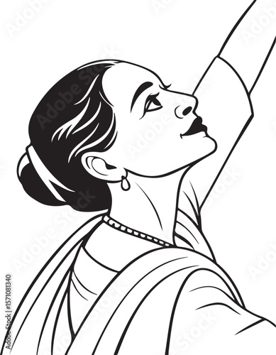 Elegant woman looking upward with raised arm in simple black and white vector illustration