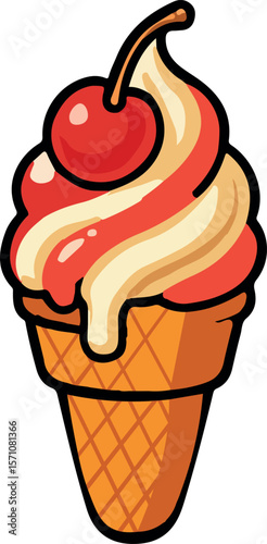Swirl Ice Cream Cone with Cherry Topping Vector