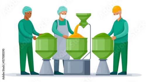 Workers in Protective Gear Mixing Colored Powders at Machinery in Processing Facility