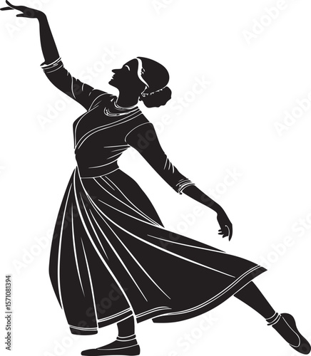 Graceful silhouette of a dancing woman in a flowing dress performing elegant movements