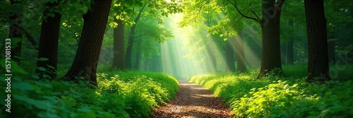 Sun-Dappled Forest Path A Magical Journey Through Lush Green Canopy  Perfect for Tranquil Nature and Travel Photography