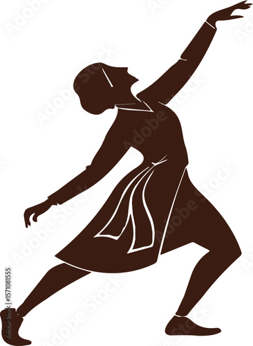 Silhouette of a graceful dancer in a flowing dress with extended arm reaching