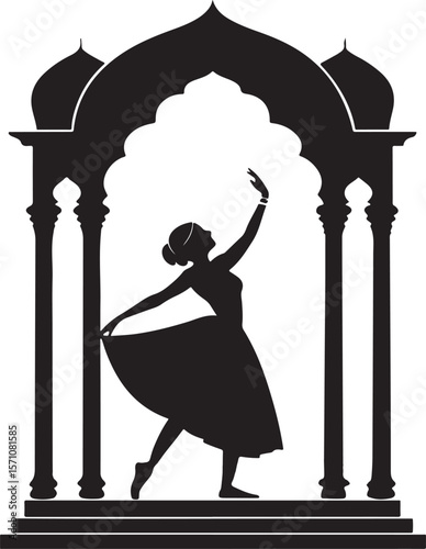 Silhouette of a graceful dancer performing in front of an architectural indian archway