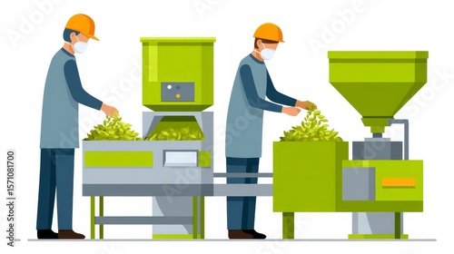 Workers Wearing Protective Gear Processing Greens in a Modern Industrial Facility