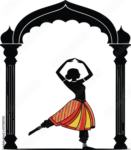 Silhouette of an indian classical dancer under an archway depicting traditional indian culture
