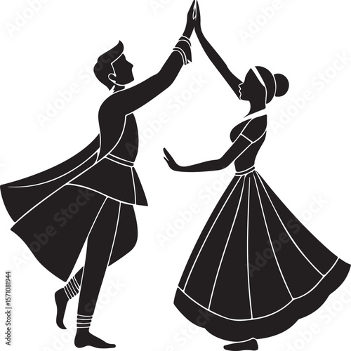 Elegant black silhouette illustration of indian traditional dance couple in motion