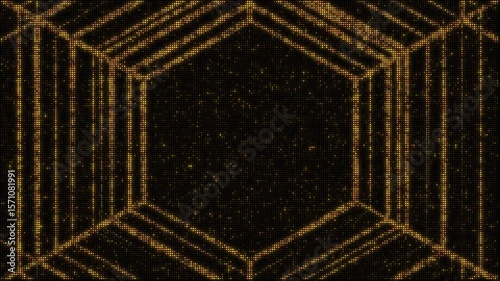 Golden led lights backdrop set, abstract crossed lines forming hexagon shape frame, 8-second seamless loop video animations, flashing light bulbs, wall of lights motion graphics.
