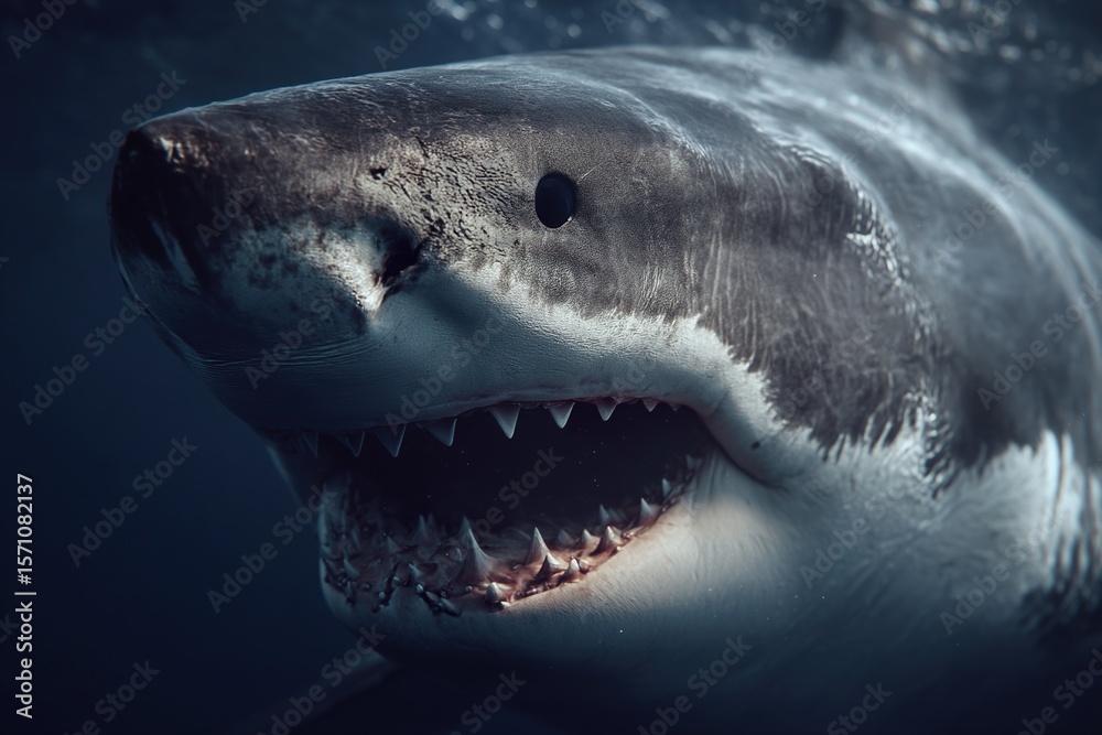 Obraz premium Angry dangerous Great White shark with big opened mouth and sharp teeth. Ai Generative