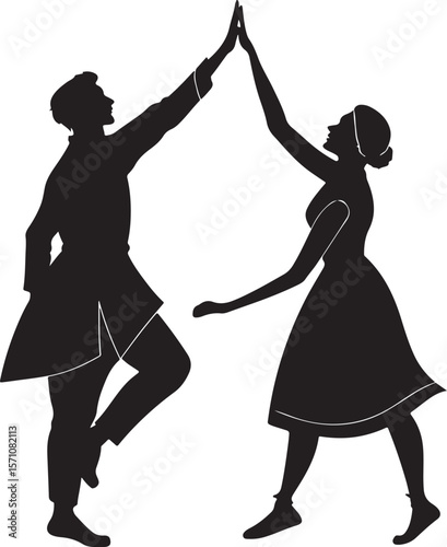 Silhouette of a dancing couple high fiving celebrating joy and partnership vector illustration