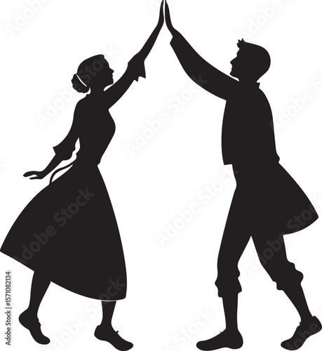 Silhouette of a dancing couple high fiving celebrating success and teamwork silhouetted black and white