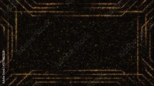 Golden led lights backdrop set, abstract crossed lines forming retangular frames, 8-second seamless loop video animations, flashing light bulbs, wall of lights motion graphics.