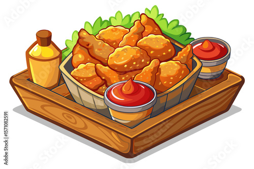 vector of Crispy chicken nuggets with ketchup sauce - in a wooden container, restaurant appetizer, restaurant, fast food