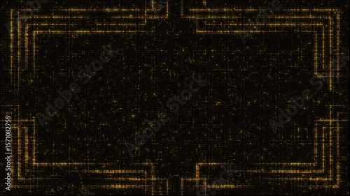 Golden led lights backdrop set, abstract crossed lines forming frames borders, 8-second seamless loop video animations, flashing light bulbs, wall of lights motion graphics.