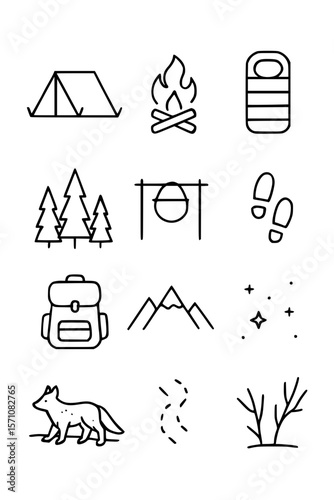 Camping and wilderness line icons including tent, fire, mountain, backpack, and forest — ideal for outdoor projects.