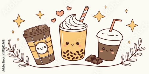 Coffee and smoothie beverage with cute doodle decoration. Cappuccino, bubble tea, orange juice, chocolat in glasses. Vector illustration blended coffee for logo, promotion, marketing, banner,