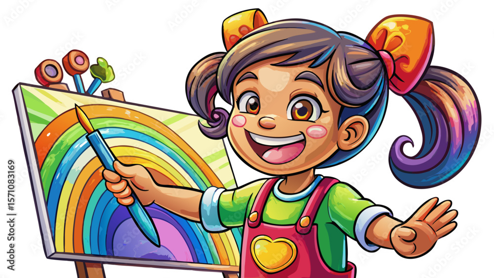 Naklejka premium A cheerful girl with a ponytail paints on a giant canvas, tiny fingers covered in rainbow-colored paint. Her apron and brushes feature subtle texture, while her eyes sparkle with artistic curiosity. 