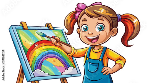 A cheerful girl with a ponytail paints on a giant canvas, tiny fingers covered in rainbow-colored paint. Her apron and brushes feature subtle texture, while her eyes sparkle with artistic curiosity. 