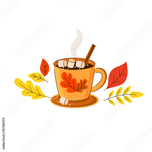 Vector illustration of autumn hot drink in cup. The cartoon hand drawn design cocoa with marshmallows for cafe menu. Autumn leaves. White background.
