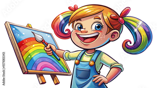 A cheerful girl with a ponytail paints on a giant canvas, tiny fingers covered in rainbow-colored paint. Her apron and brushes feature subtle texture, while her eyes sparkle with artistic curiosity. 