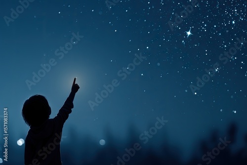 Child gazes at starry sky, pointing towards distant constellatio