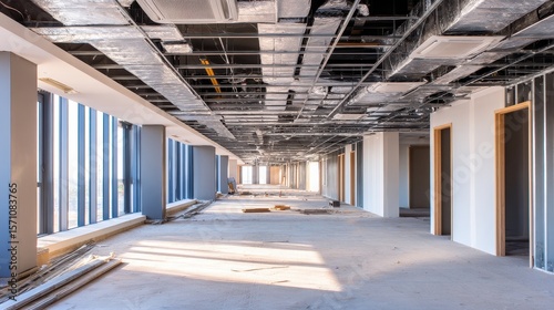 Modern office interior under construction with exposed ceilings and natural light streaming in