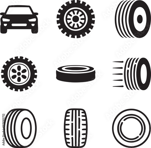 Automotive icon set featuring car and tire designs depicting vehicle maintenance and transportation components in black and white silhouette graphics