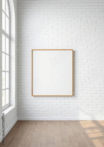 Blank square canvas frame mockup on white brick wall with natural light from side window Empty room interior design architecture blank design room
