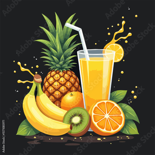 Vector design with sliced kiwi, pineapple, 
banana, orange, glass, fruit juice
splashes, drops isolated on black background. 
Print for ice cream, yogurt,
lemonade label, sweet water, food packaging. 