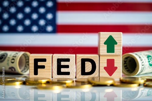 US federal reserve concept with fed blocks, arrows, dollar bills and coins in front of American flag.