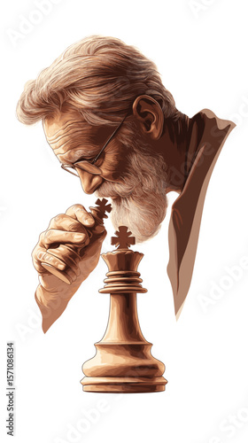 Elderly man contemplating chess move with wooden piece in hand  