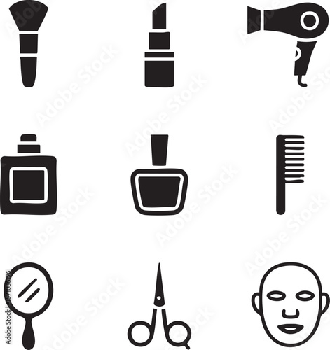 Beauty and personal care black silhouette icon set featuring cosmetics hair styling tools and facial treatment
