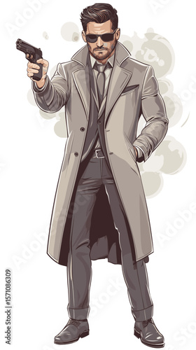 Man in suit holding gun while standing in long coat with sunglasses  