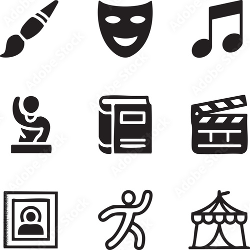 Black and white arts and culture elements icon set entertainment and creativity symbols artistic expression diverse cultural activities