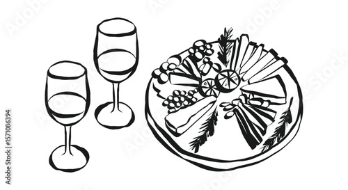 Whimsical chalk wine and charcuterie board doodles. Quirky food of breakfast and dinner meals in crayon style. Trendy art for menus and invitations. La dolce vita italian vector illustration